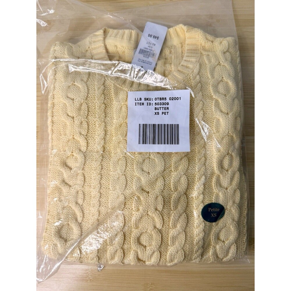 L.L. Bean Women’s Petite XS Double L Cable Knit Crewneck Sweater Butter Yellow
